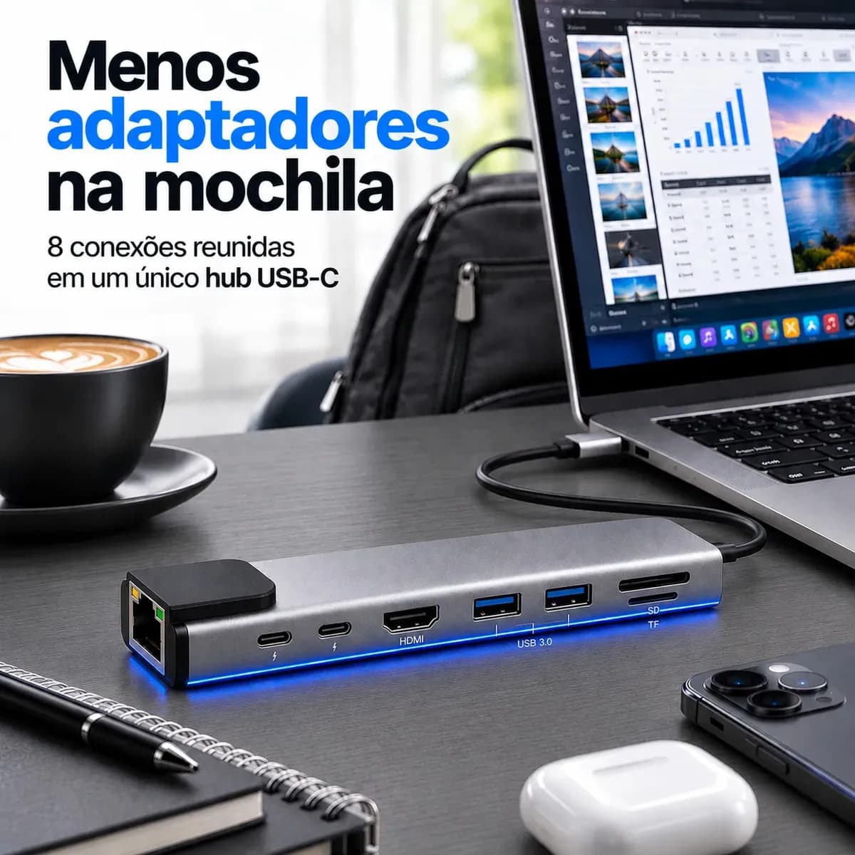 Adaptador Hub Usb Com 8 Portas Rj45 Hdmi 4k Usb 3.0 E 2.0 Tipo C Micro Sd Cartão Ethernet Cabo Thunderbolt Dock Station Dex Macbook Air M1 M2 iPad Type C Tablet — imagem 4