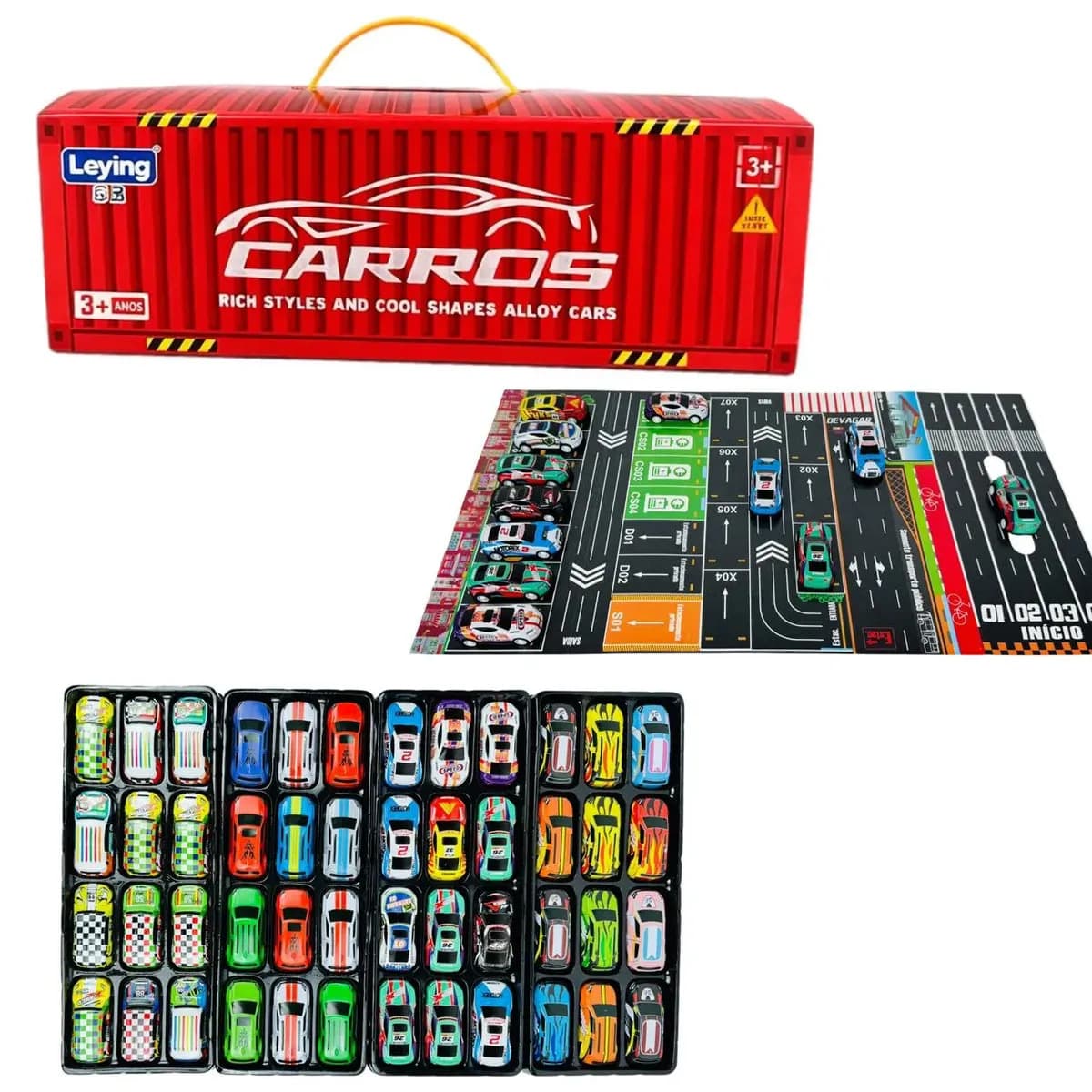 Kit 48 Mini Carrinhos De Fricção De Metal Com 2 Pistas Com Container Afortunado Imports — imagem 4