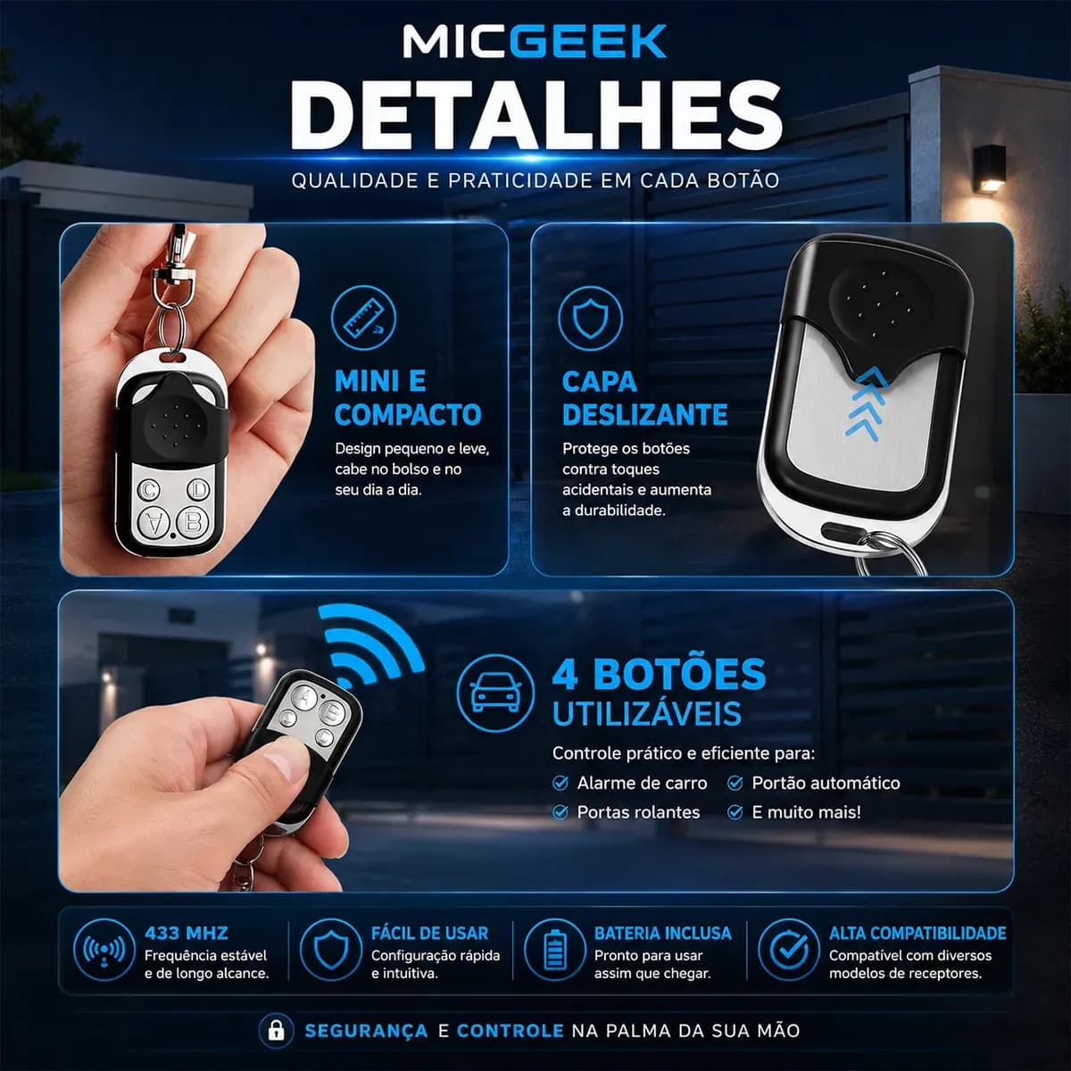 Kit 3 Controle Remoto Universal 4 Botões Para Portão Eletrônico Automatico Alarme Cerca Elétrica 433mhz Micgeek — imagem 6
