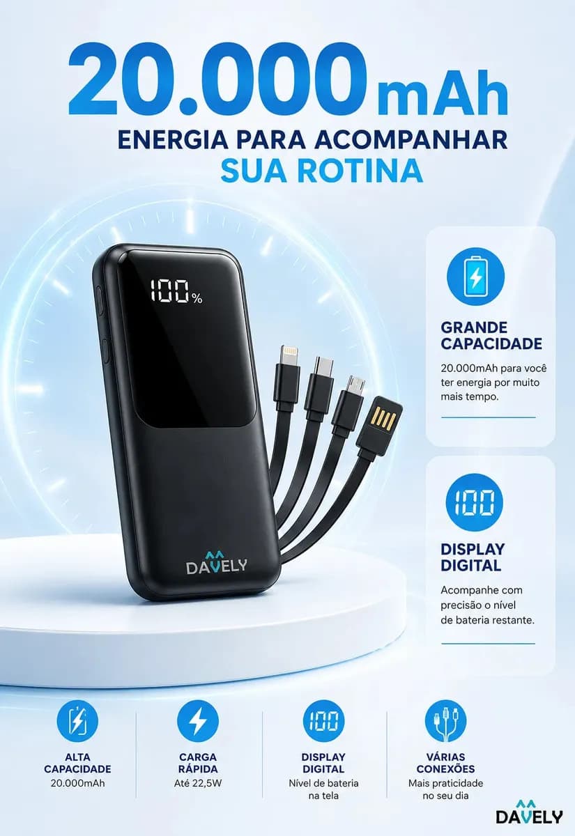 Power Bank 20.000mAh 22.5W Carga Rápida Com Display Digital Carregador Portátil Carga Rápida Premium Compatível Com Todos Os Celulares Iphone Android IOS apple  — imagem 6