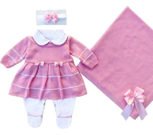 Saída De Maternidade Em Tricô Rosa Bebê Rosa 0 A 3 Meses — imagem 2