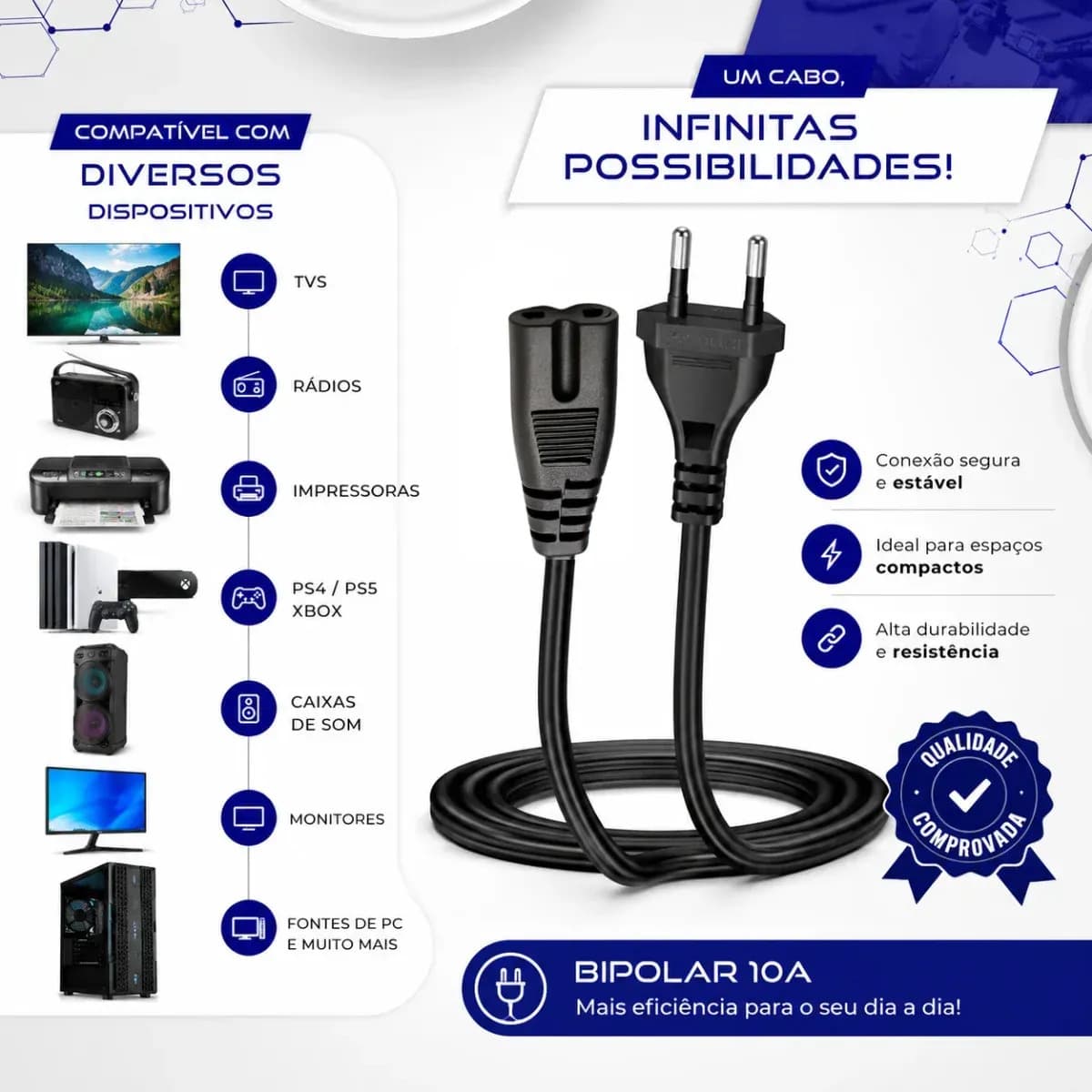 Cabo de Energia Força para Smart Tv Samsung Lg Philco Tcl Monitor Ps3 Ps4 Ps5 Impressora JBL BOMBOX Rádio Caixa de Som Tipo 8 Bivolt 127/220V - Tech 022 — imagem 2