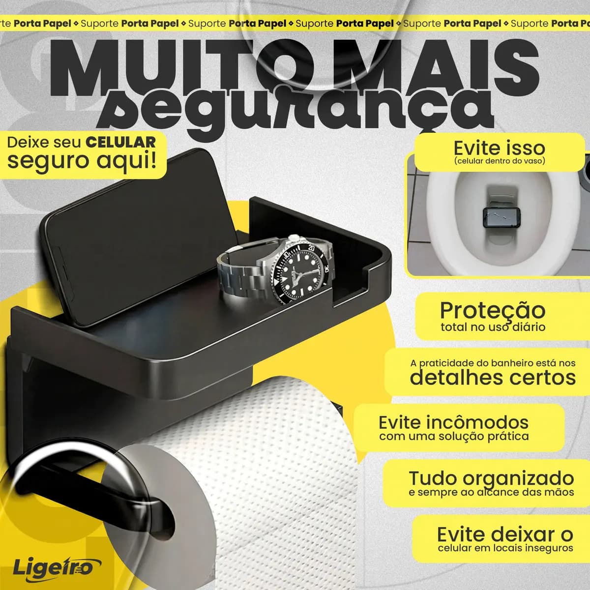 Suporte Papel Higiênico Adesivo de Parede com Prateleira Porta Celular Sem Furo Ligeiro — imagem 5