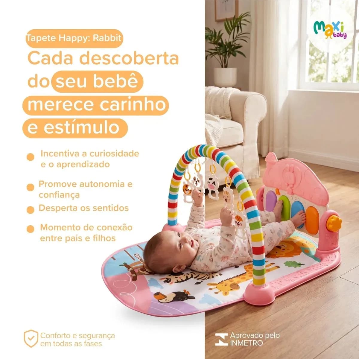 Tapete De Atividades Bebê Piano Musical com 5 Brinquedos Interativos Happy Maxi Baby - Rosa — imagem 2
