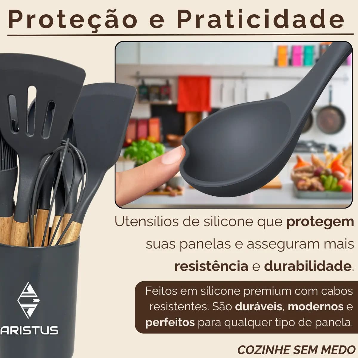 Kit 12 Utensílios De Silicone Com Cabo De Madeira - Marca Aristus Com Alta Resistência, Durável E Com Design Moderno, Perfeito Para Sua Cozinha Cor Cinza — imagem 2