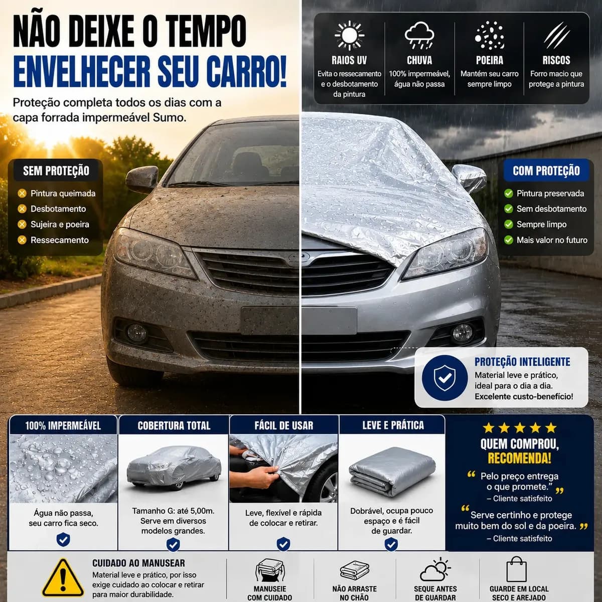 Capa Para Carro Forrada Impermeável 100% Proteção Anti Raios Uv, Sol, Poeira, Riscos, Chuva Diversos Tamanhos P M e G Sumo — imagem 6