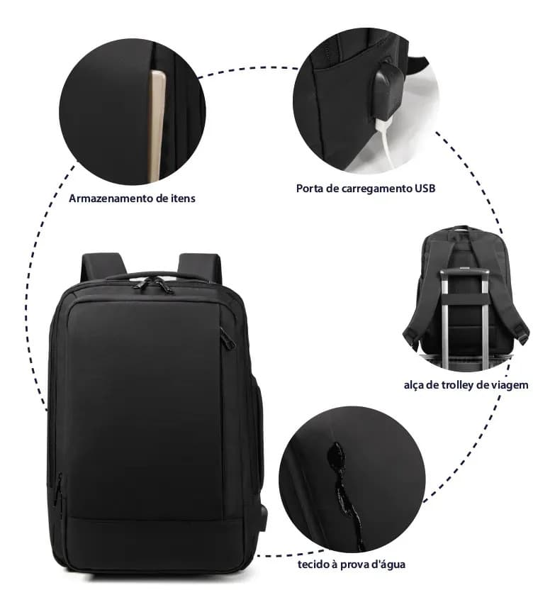 Mochila À Prova D'água Reforçada Expansível Para Viagens Diá Preto — imagem 2