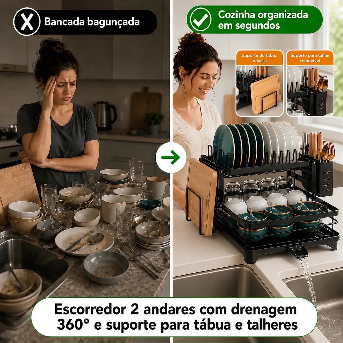 Escorredor De Louça Inoxidável 2 Andares Drenagem Automática Bandeja Grande 360o Organizador Pia Com Porta Talheres Tigelas Pratos — imagem 3
