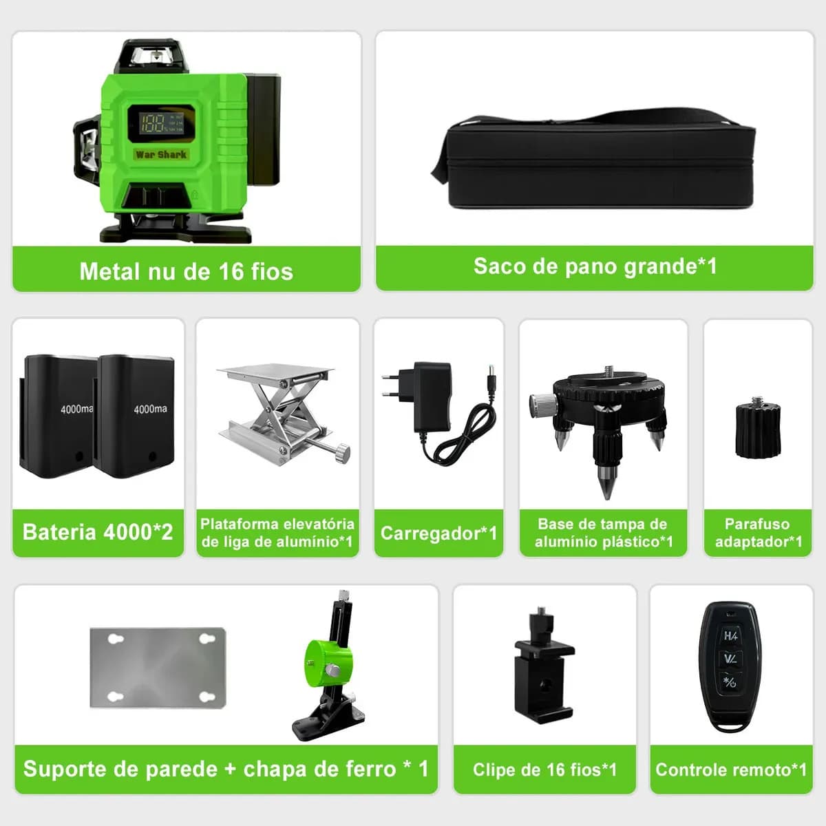 Nível Laser Verde 16 Linhas War Shark 360° Autonivelante + 2 Baterias — imagem 6