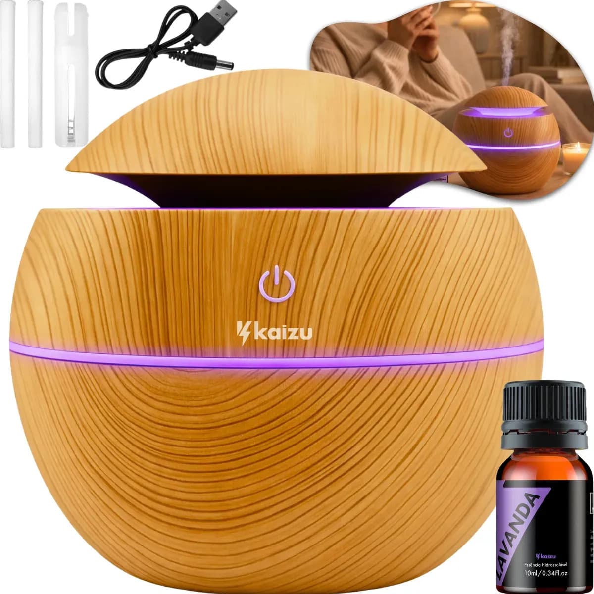 Difusor Aromatizador Elétrico Ultrassônico Kaizu de 130mL USB com Luz Noturna e Essência de Lavanda