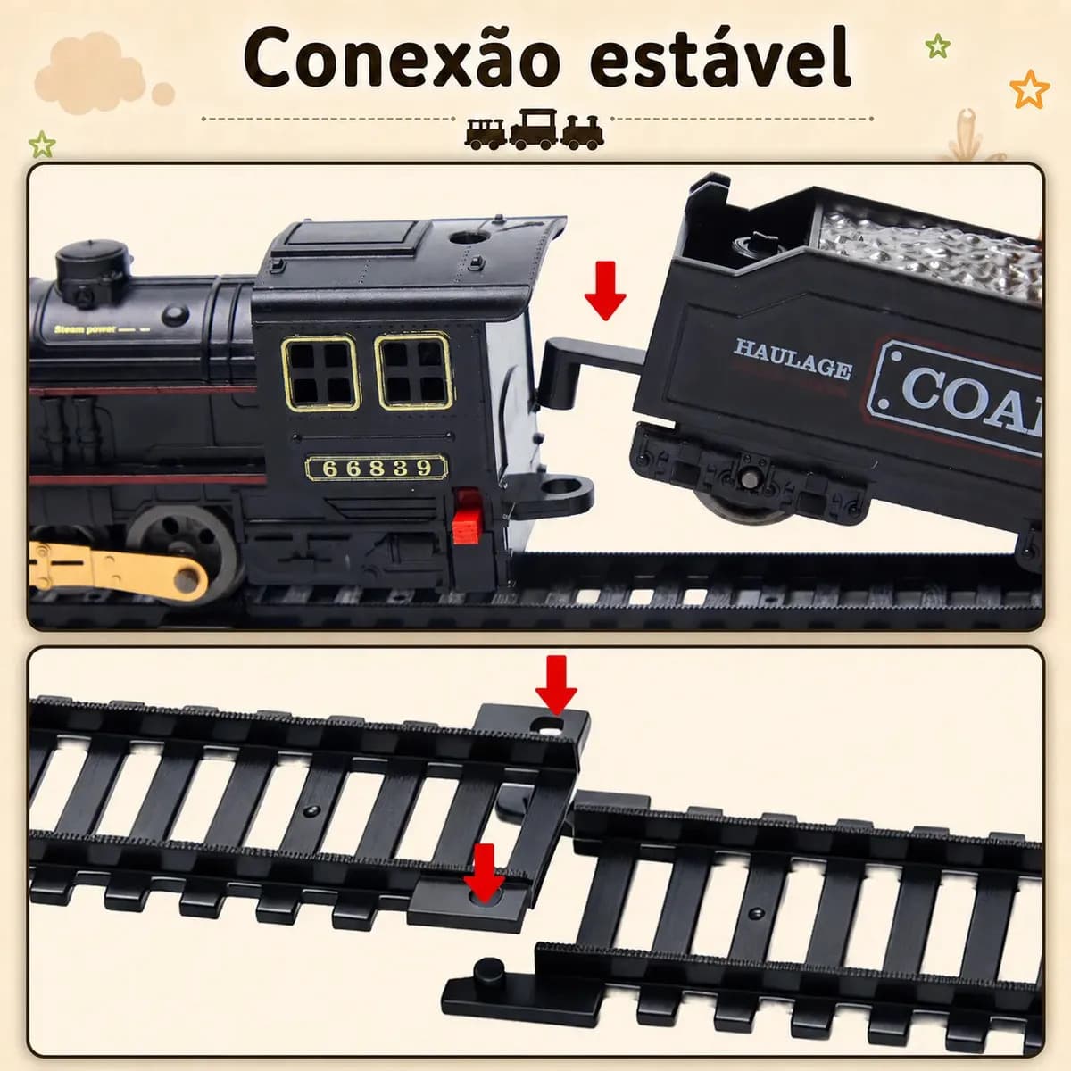 MoveBrinca Trem Elétrico Vintage Com Locomotiva A Vapor E 3 Vagões, Luzes E Sons Realistas, Trilhos Fáceis De Montáveis Formando Um Circuito De 103×67cm,Materia — imagem 6