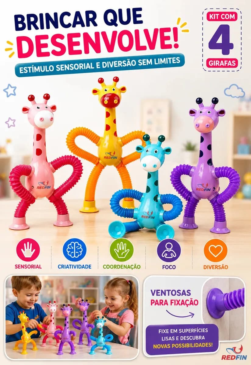 Kit 4 Girafas Sensoriais Anti Stress Pop Tube Brinquedo Sensorial Infantil Flexível Com Ventosa Alívio Estresse Ansiedade Autismo TDAH Montessori Meninos Menina — imagem 4