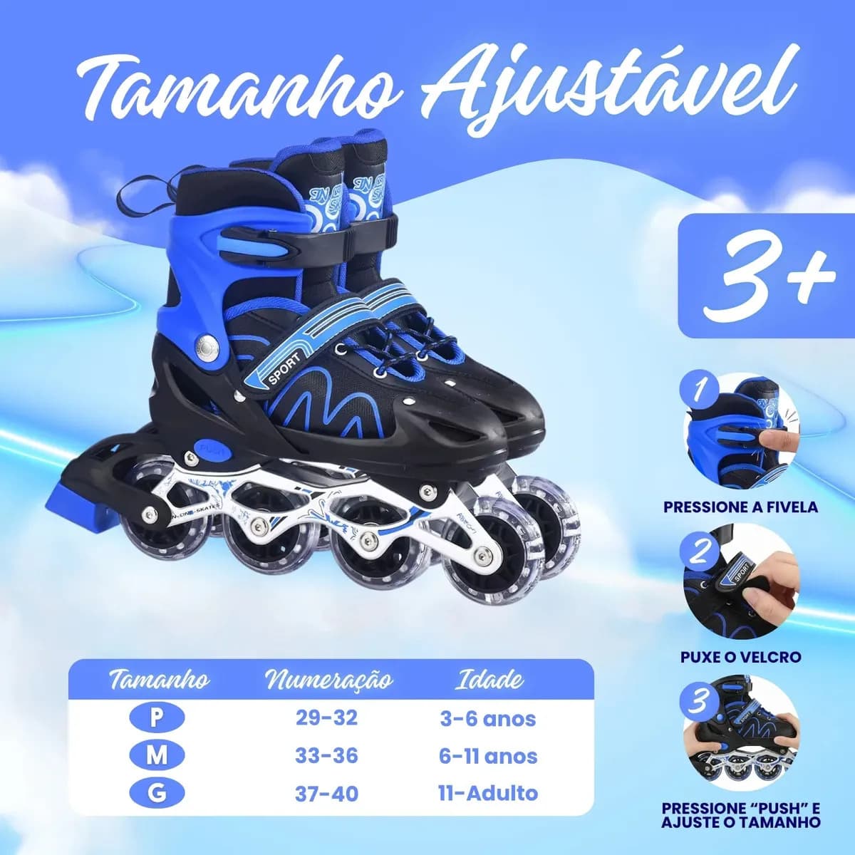 Patins Infantil Ajustável 4 Rodas Inline Roller Kit Proteção Azul- (m) — imagem 2