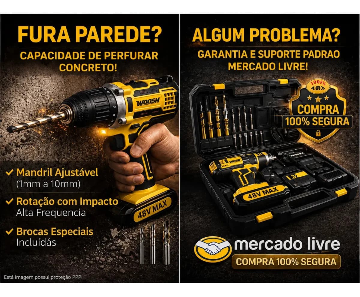 Parafusadeira Furadeira Impacto Sem Fio 2 Baterias Recarregável 48v Bivolt Velocidade Ajustavel Com Travas Mandril Resistente Woosh — imagem 5