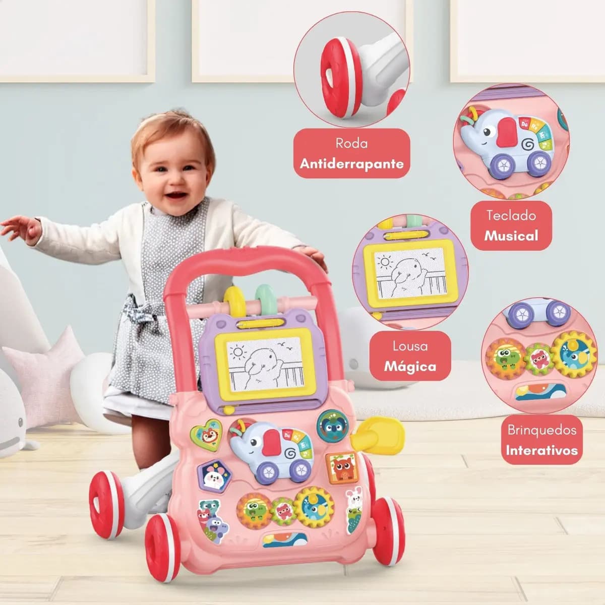 Andador Educativo Empurrar Infantil Bebê Musical Brinquedo Atentu Rosa — imagem 3