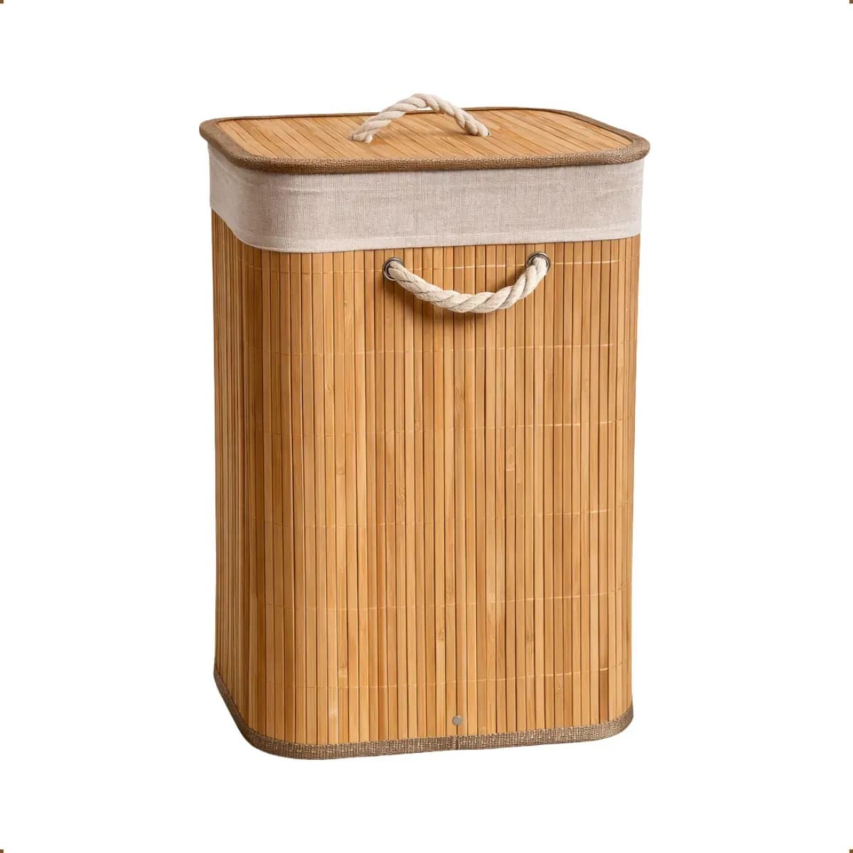 Cesto de Roupa Bambu Retangular de 72L com Tampa e Forro de Linho — imagem 2