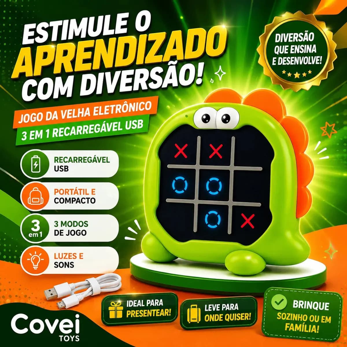 Brinquedo Jogo Da Velha Eletrônico Portátil Tic Tac Toe Puzzle 3 em 1 Game Recarregavel Usb Dinossauro Covei Toys — imagem 6