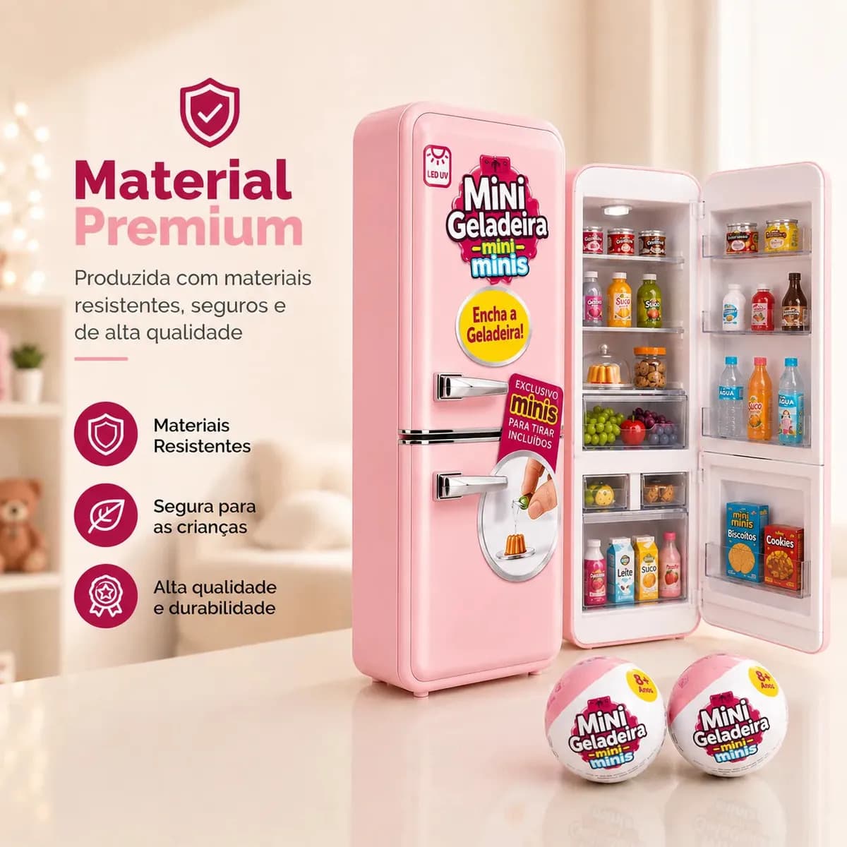 Mini Geladeira de Brinquedo Epsilon Rosa com Luz LED e 2 Cápsulas Surpresa — imagem 4