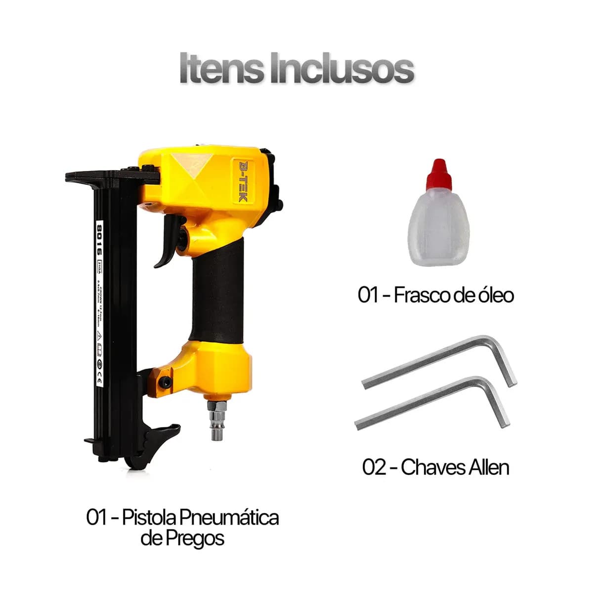 Grampeador Pinador Pneumático 2 em 1 B-TEK DZ-76 Grampo 80/16 e Pino 18GA de 6 a 16mm Tapeceiro Pregar Sofá Estofado Madeira MDF Rodapé Pistola de Pregos Ar Com — imagem 3