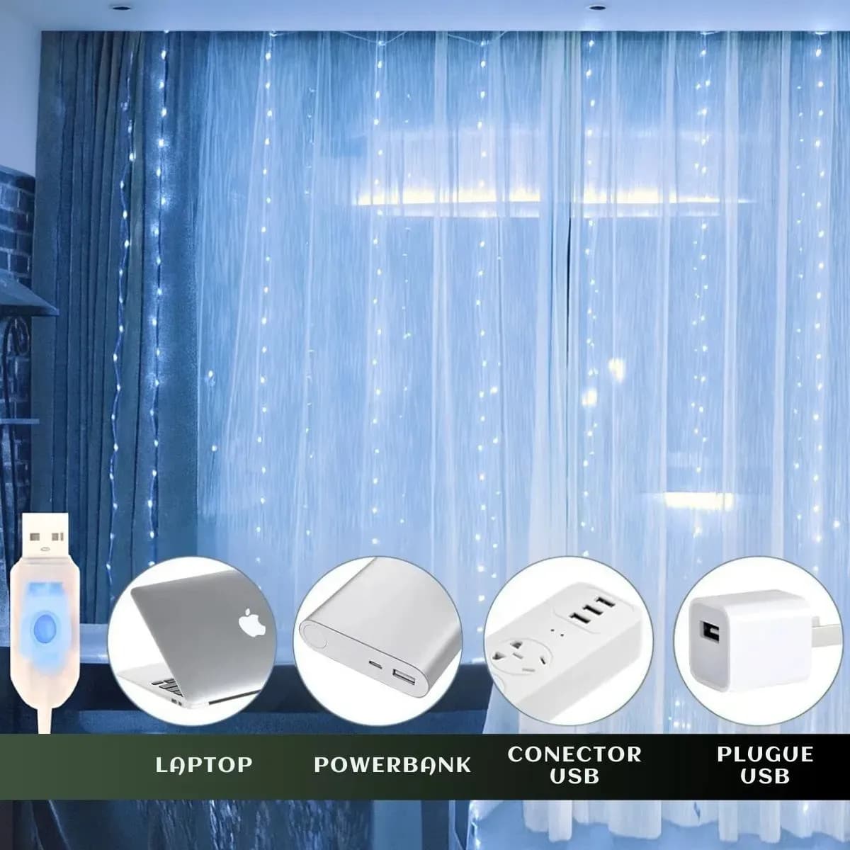 Pisca Cortina 300 Leds 3x3m Usb Ip44 8 Modos Iluminação Luzes Fada Decoração De Natal Festa Branco Frio Luvinco — imagem 4