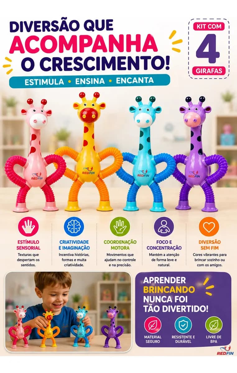 Kit 4 Girafas Sensoriais Anti Stress Pop Tube Brinquedo Sensorial Infantil Flexível Com Ventosa Alívio Estresse Ansiedade Autismo TDAH Montessori Meninos Menina — imagem 5