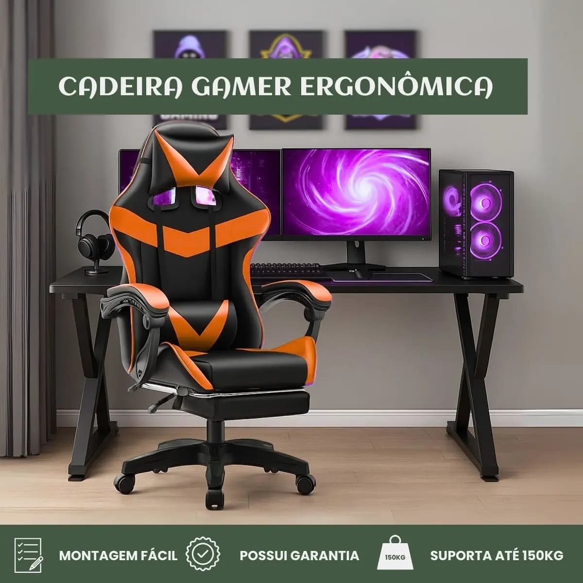 Cadeira De Escritório Gamer Nitro Ergonômica Estofado Couro Sintético Reclinável Altura Ajustável Apoio Para Pés Cor Laranja Luvinco — imagem 3