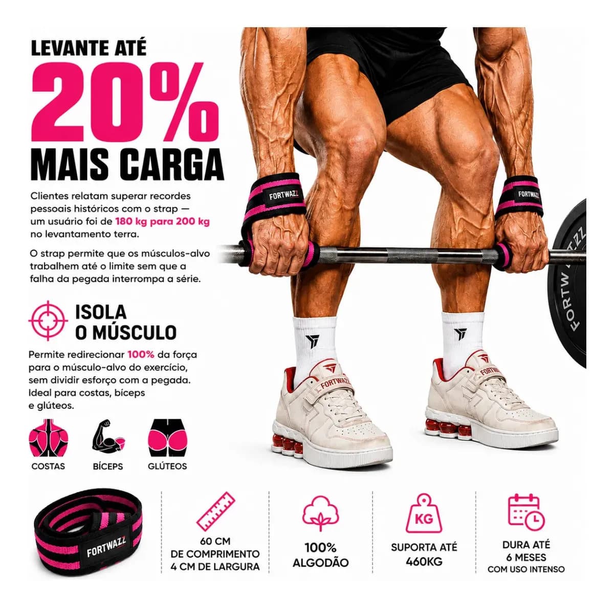 Tala Strap Musculação 100% Algodão Crossfit Cor Tala Strap Preto/rosa Fortwazz ZZ50 — imagem 2