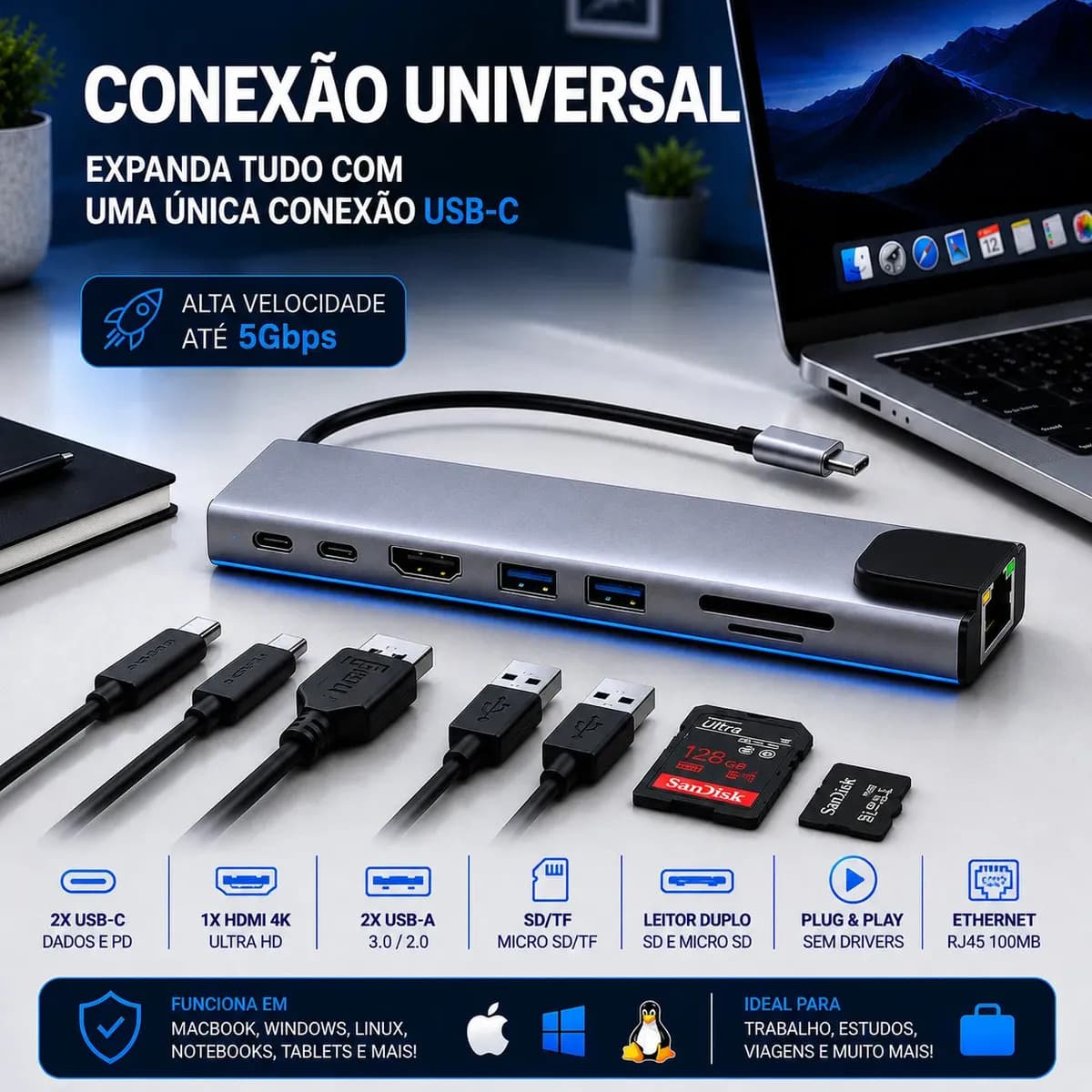Adaptador Hub Usb Com 8 Portas Rj45 Hdmi 4k Usb 3.0 E 2.0 Tipo C Micro Sd Cartão Ethernet Cabo Thunderbolt Dock Station Dex Macbook Air M1 M2 iPad Type C Tablet — imagem 2