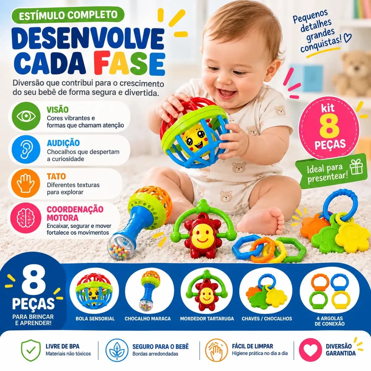 Kit Chocalhos e Mordedores Sensoriais para Bebê com 8 Peças de Silicone e Plástico — imagem 4