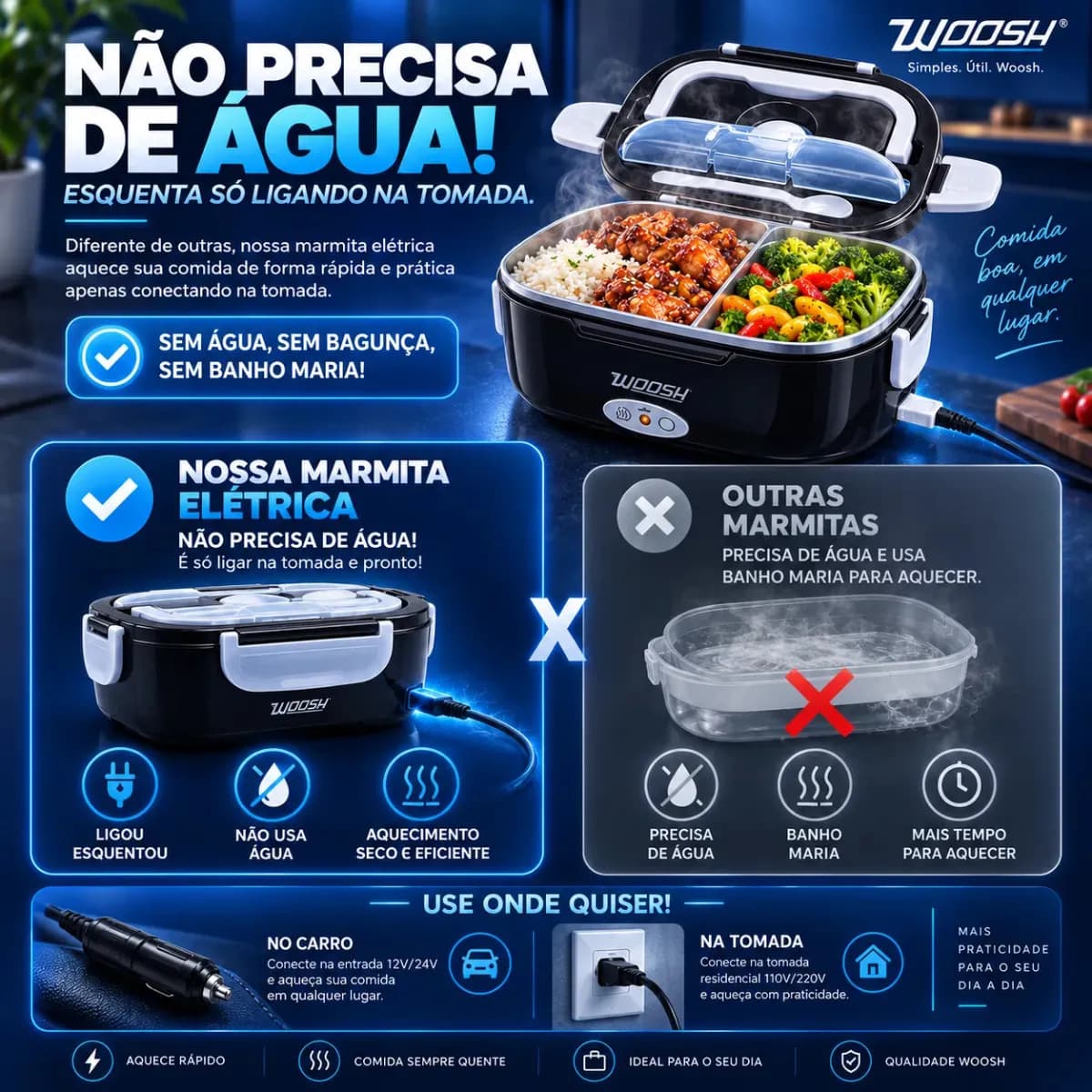 Marmita Elétrica Preta Bivolt Portátil Doméstica 110/220v Veicular 12/24v Lancheira 1.5l Com Divisórias Esquenta Rápido Refeições Práticas Trabalho Casa Carro C — imagem 3