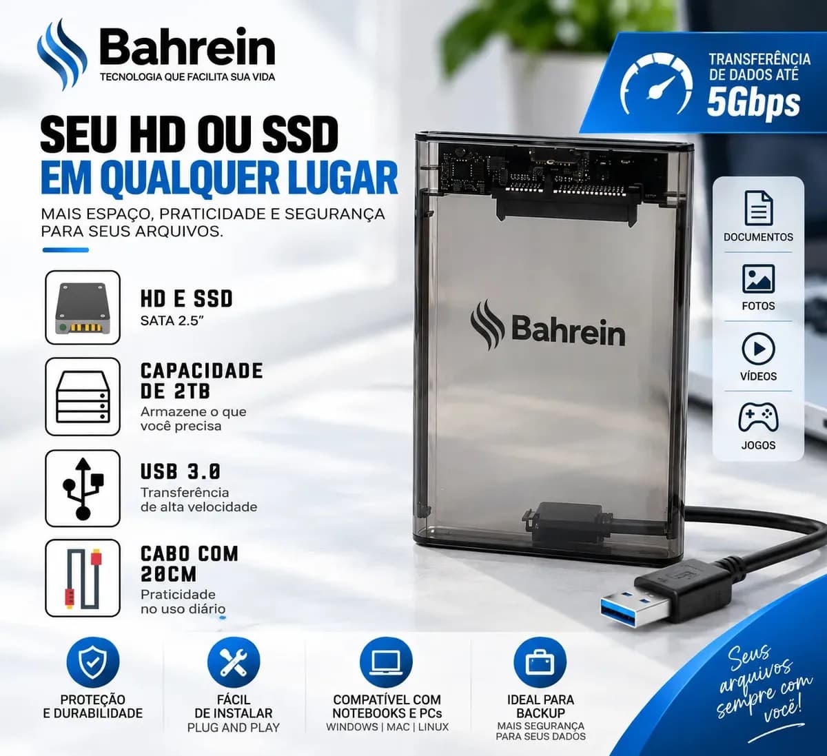 Case Para HD Externo USB 3.0 Para HD/SSD SATA 2,5" Adaptador Gaveta Portátil Alta Velocidade Para Notebook PCs Consoles Transparente — imagem 2