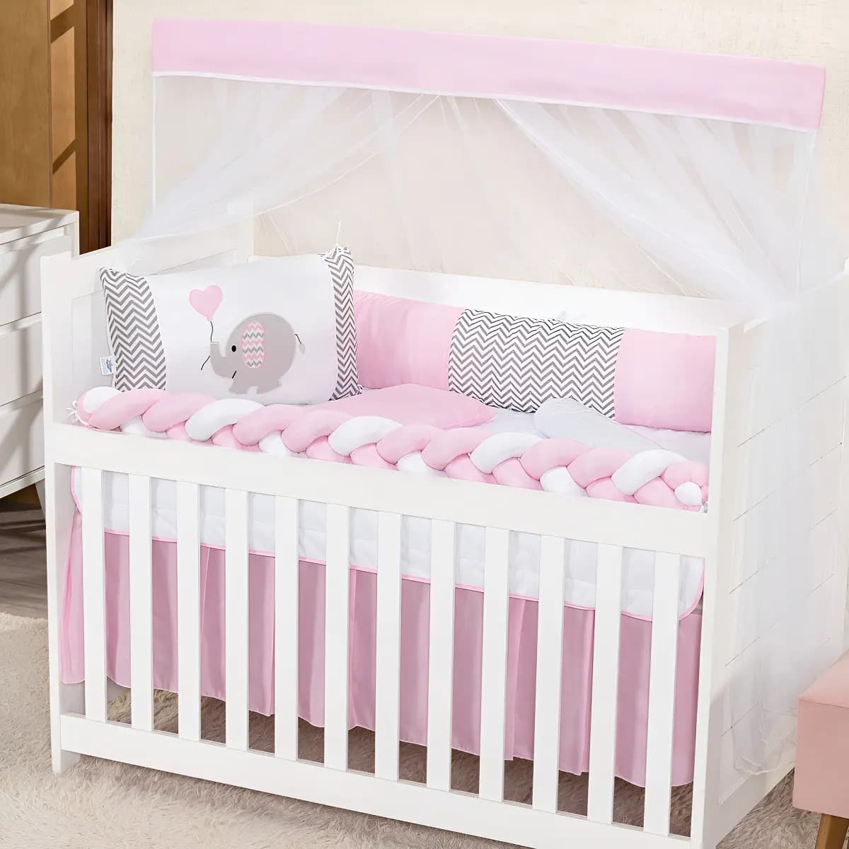 Kit Berço Menina Menino Protetor Trança Com Saia 6 Peças Cor Elefantinho Rosa