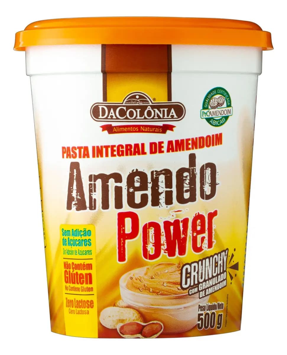 Pasta de Amendoim 100% Integral Crunchy DaColônia Amendo Power 500g Sem adição de Açúcares, Sem Glúten e Fonte Natural de Energia