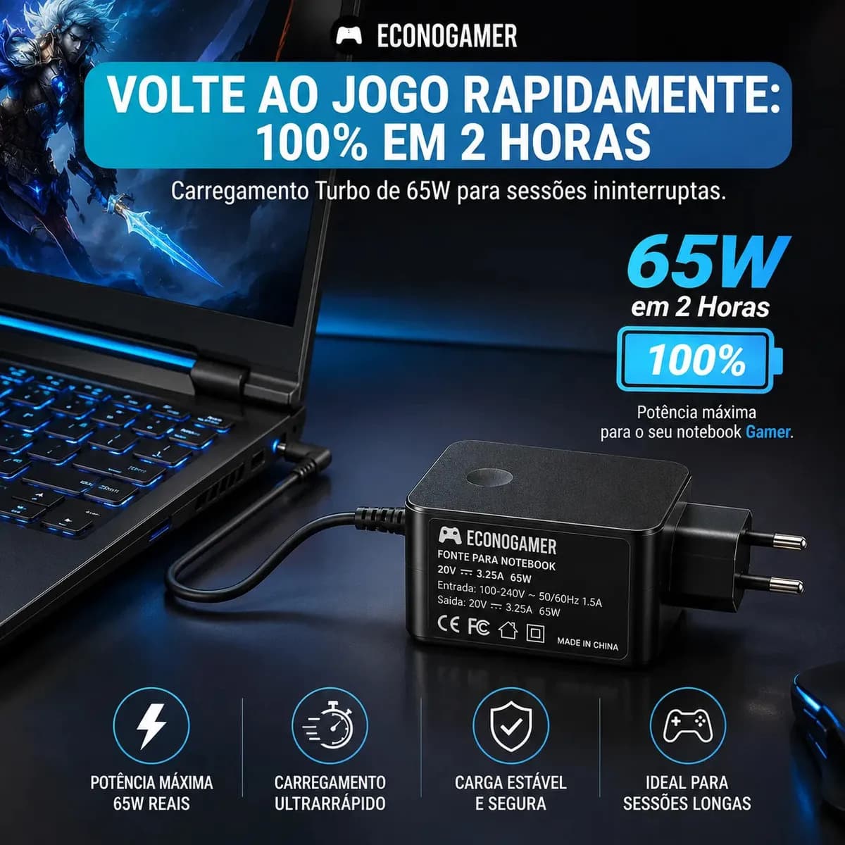 Fonte Carregador Notebook Compatível com Lenovo Ideapad S145 15api 81v70004br 330 81fe0002br Adlx65 Id S145 81v70008br 65w 320 80yh001br Bivolt Ipa-1450 3-15alc — imagem 5