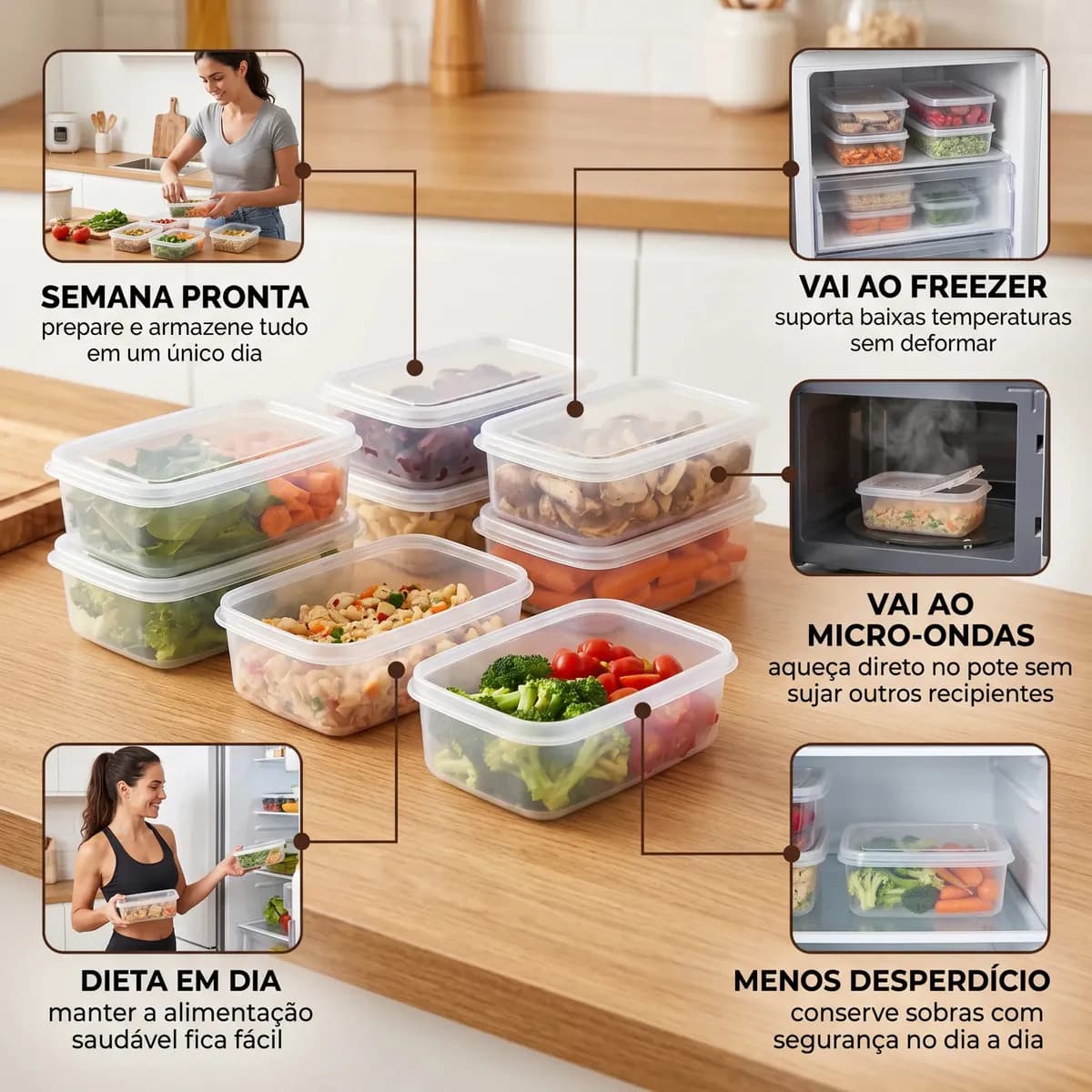 Kit 10 Potes 1 Litro Transparente Marmita Fitness Bpa Free Tampa Hermética Reutilizável Micro E Freezer Mantimentos ponte lar utilidades — imagem 5