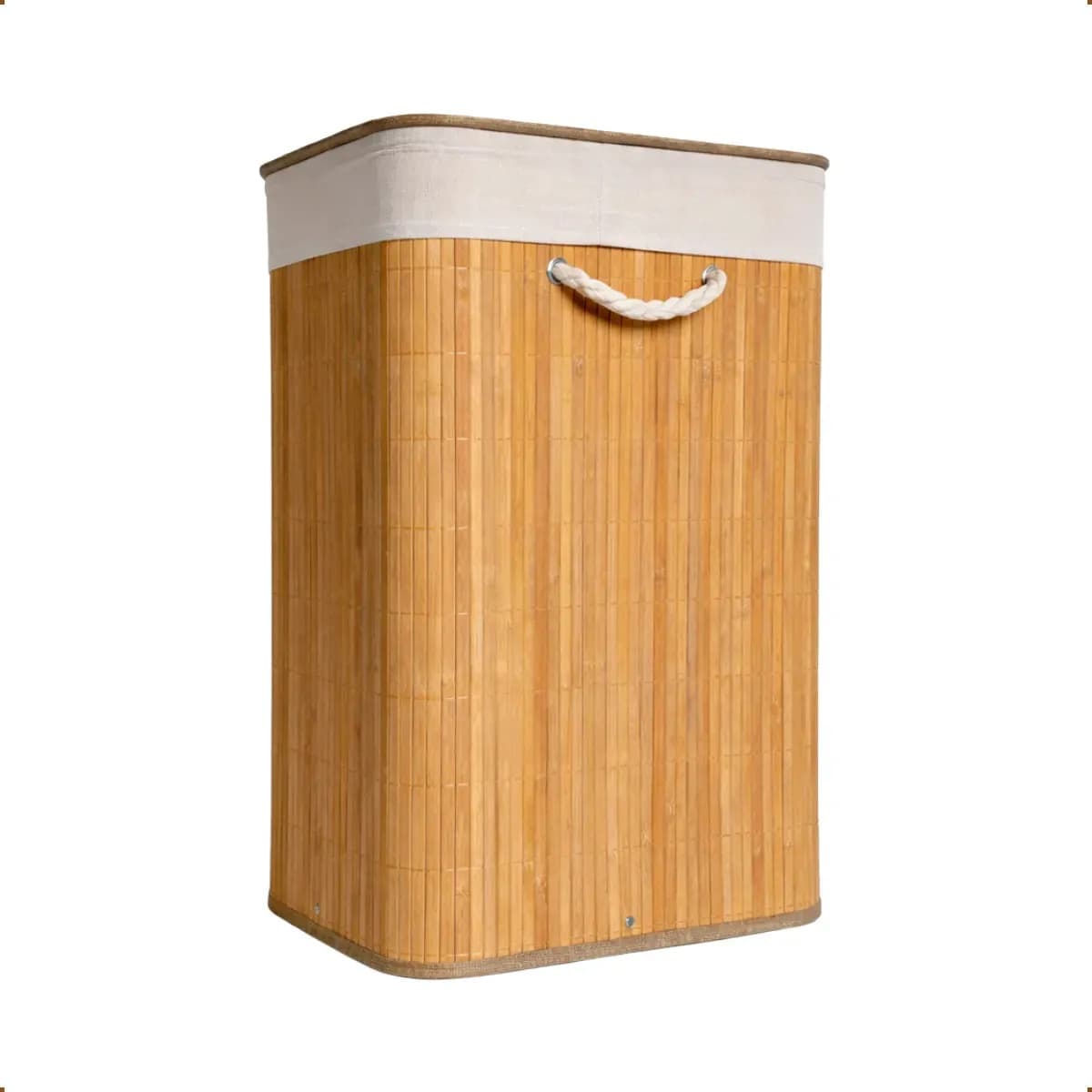 Cesto de Roupa Bambu Retangular de 72L com Tampa e Forro de Linho — imagem 3