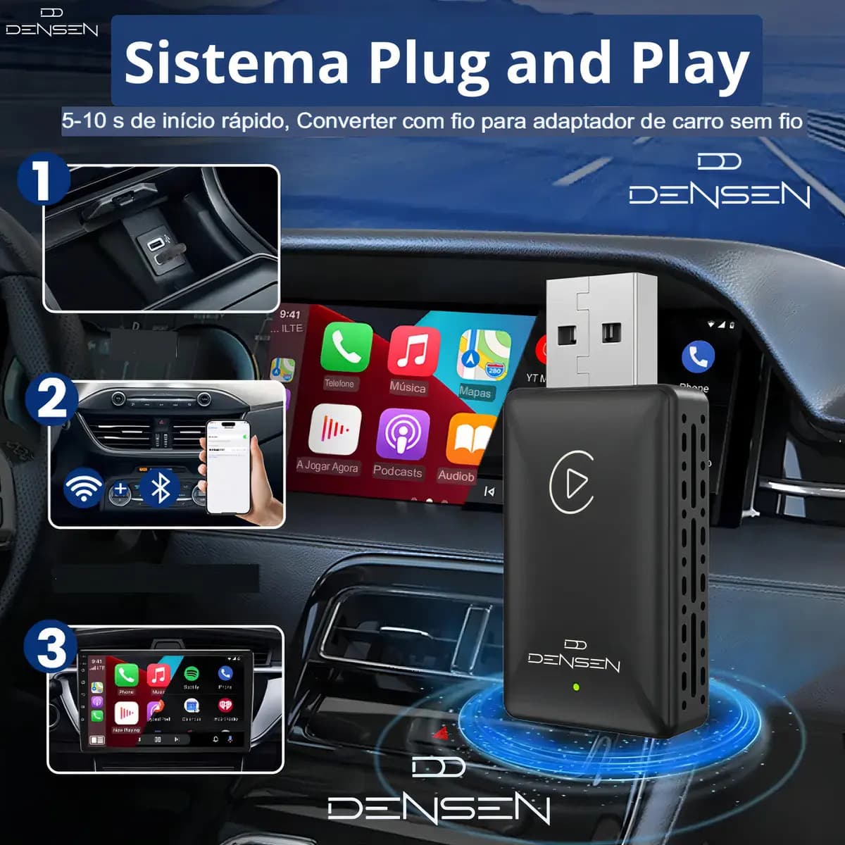 D Densen Carplay Adaptador Sem Fio Car Play Android Auto 2 Em 1 Usb Car Play Wireless Automático — imagem 6