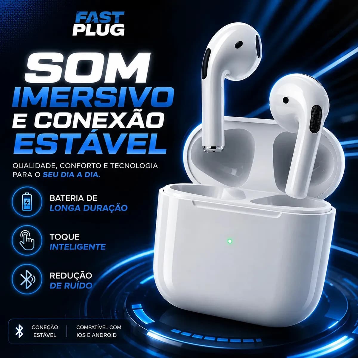 Fone De Ouvido Bluetooth Bateria de Longa Duração Pro 4 Branco Conecta Rápido Fast Plug Com Case Carregador E Microfone — imagem 5
