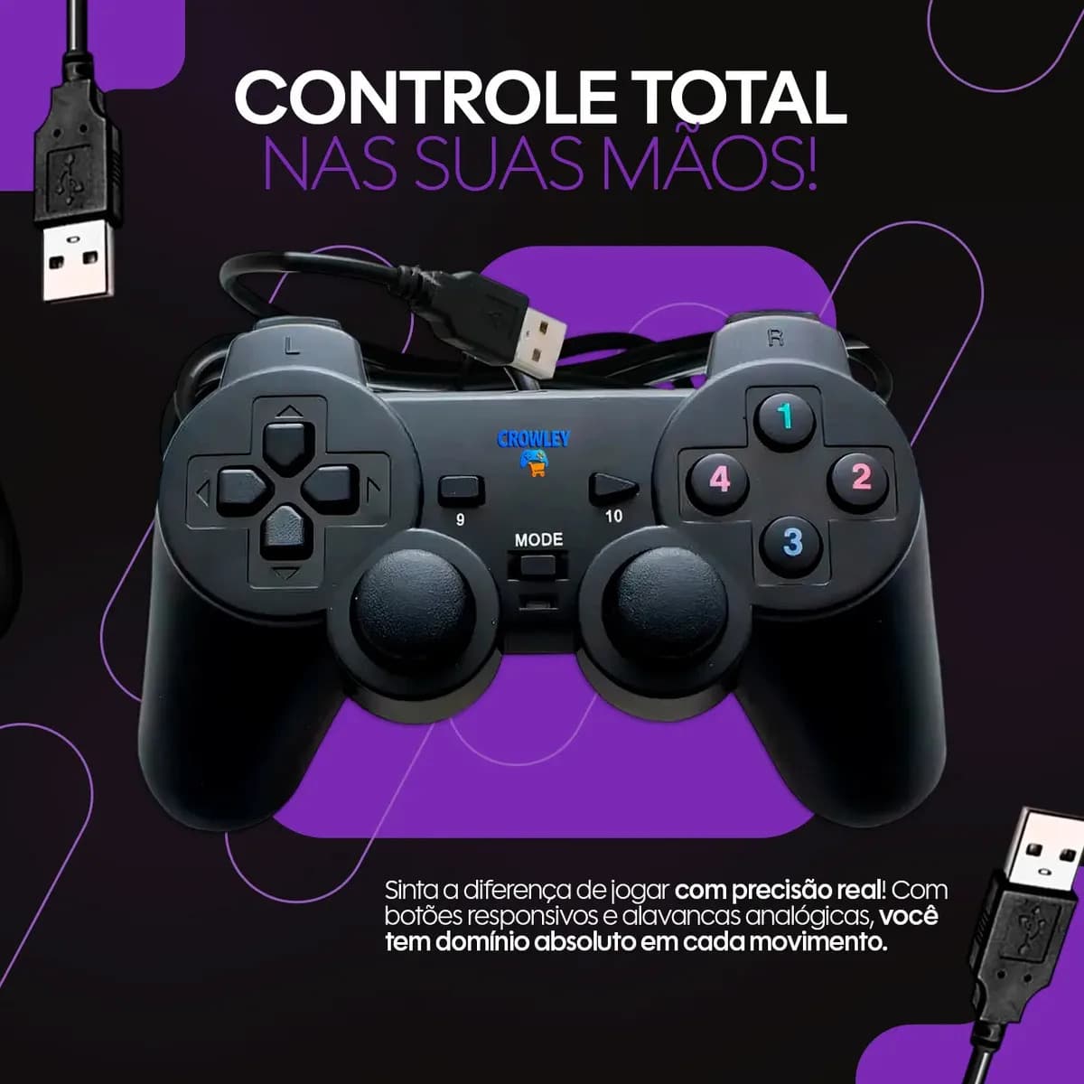 Controle Com Fio Usb Para Pc Tv Manete Joystick - Crowley — imagem 2