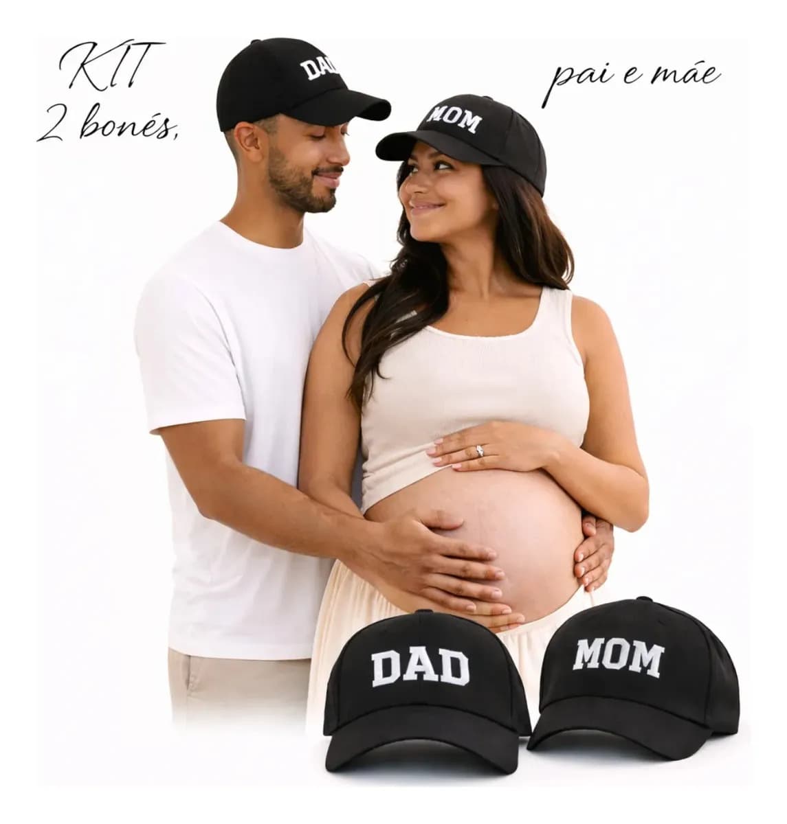 Kit 2 Bonés Dad E Mom Algodão Bordado Pai e Mãe Ajustável Unissex Cor Preto Com Branco Marca Zeltrix — imagem 2