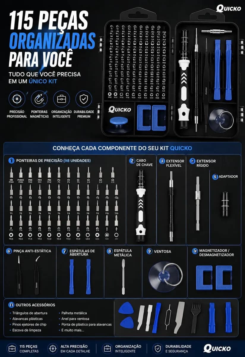 Kit Jogo de Ferramentas Precisão Magnético 115 Peças Quicko para Reparação Kit Completo Para Assistencia Tecnica Celulares Jogo De Chave Abrir Celular Equipamen — imagem 3