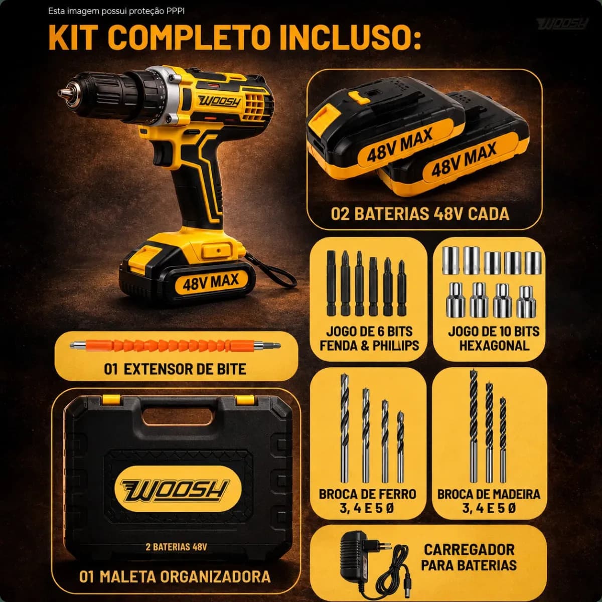 Parafusadeira Furadeira Impacto Sem Fio 2 Baterias Recarregável 48v Bivolt Velocidade Ajustavel Com Travas Mandril Resistente Woosh — imagem 2
