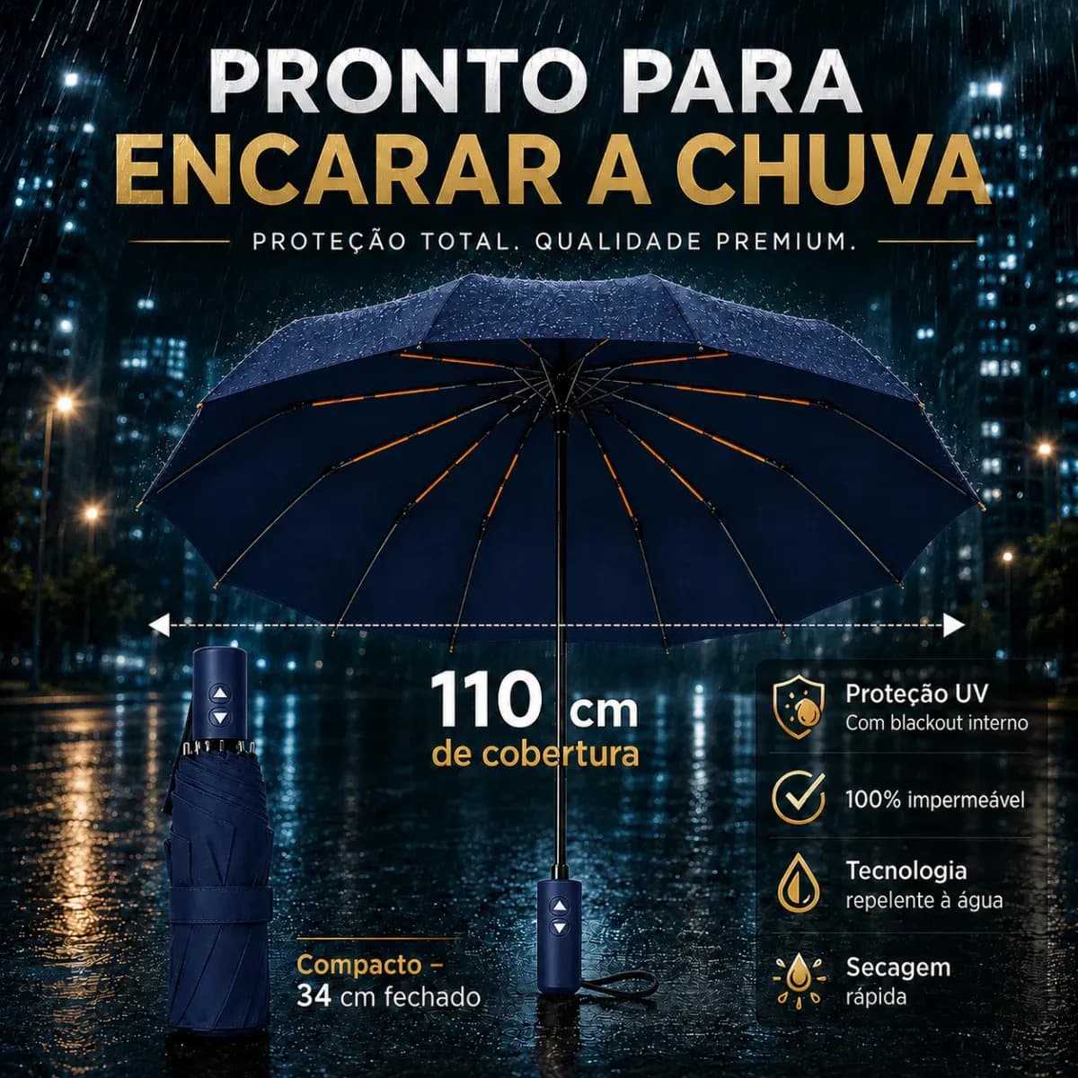 Guarda Chuva Abre E Fecha Automático Reforçado Contra Vento Proteção Uv Azul — imagem 6