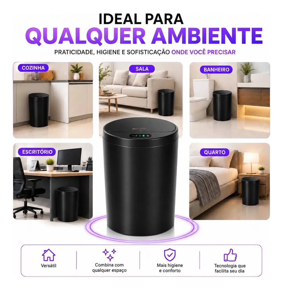 Lixeira Inteligente Automática Redonda Recarregável USB‐C Sensor para Cozinha Banheiro Escritório — imagem 5
