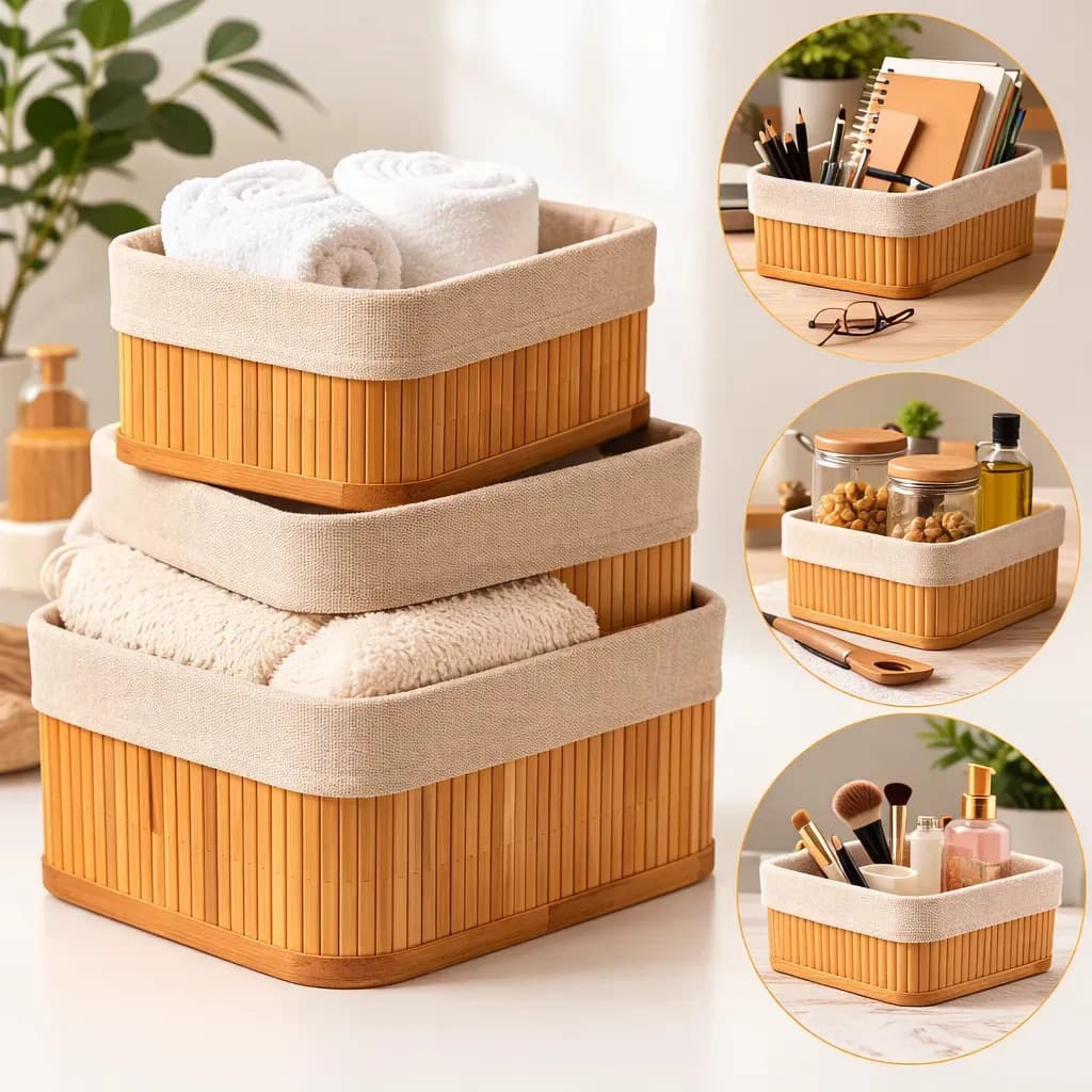 Kit 3 Cestos Organizadores de Bambu Retangulares com Forro Lavável Multiuso Organizar Casa Banheiro Cozinha Guarda-Roupa Lavanderia Armazenamento de Objetos - N