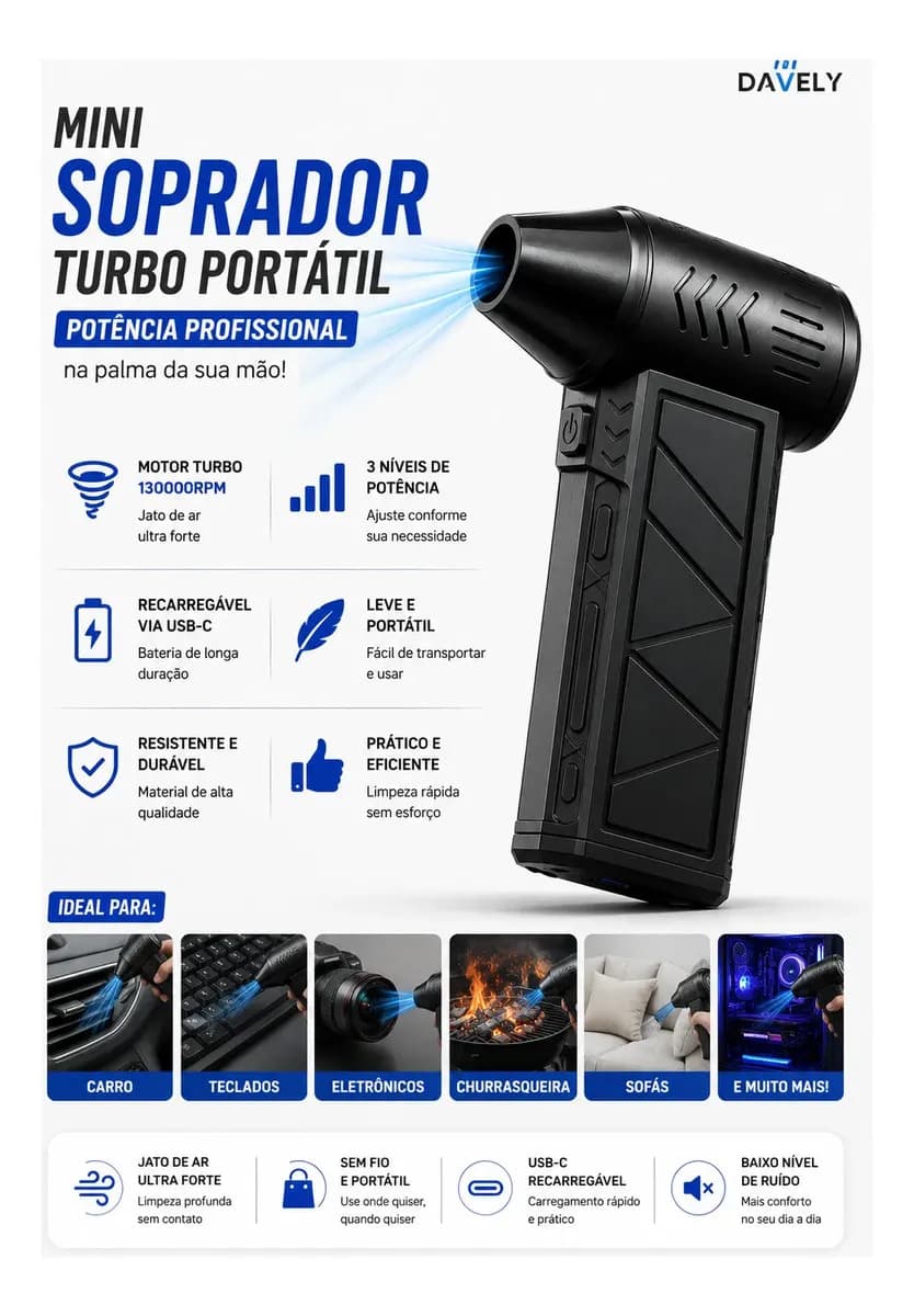 Mini Ventilador Soprador Ar Potente Turbo 130000rpm Assoprador Elétrico Sem Fio Recarregável USB-C 3 Níveis Jato Forte Portátil Multiuso Limpeza Teclado Carro A — imagem 4