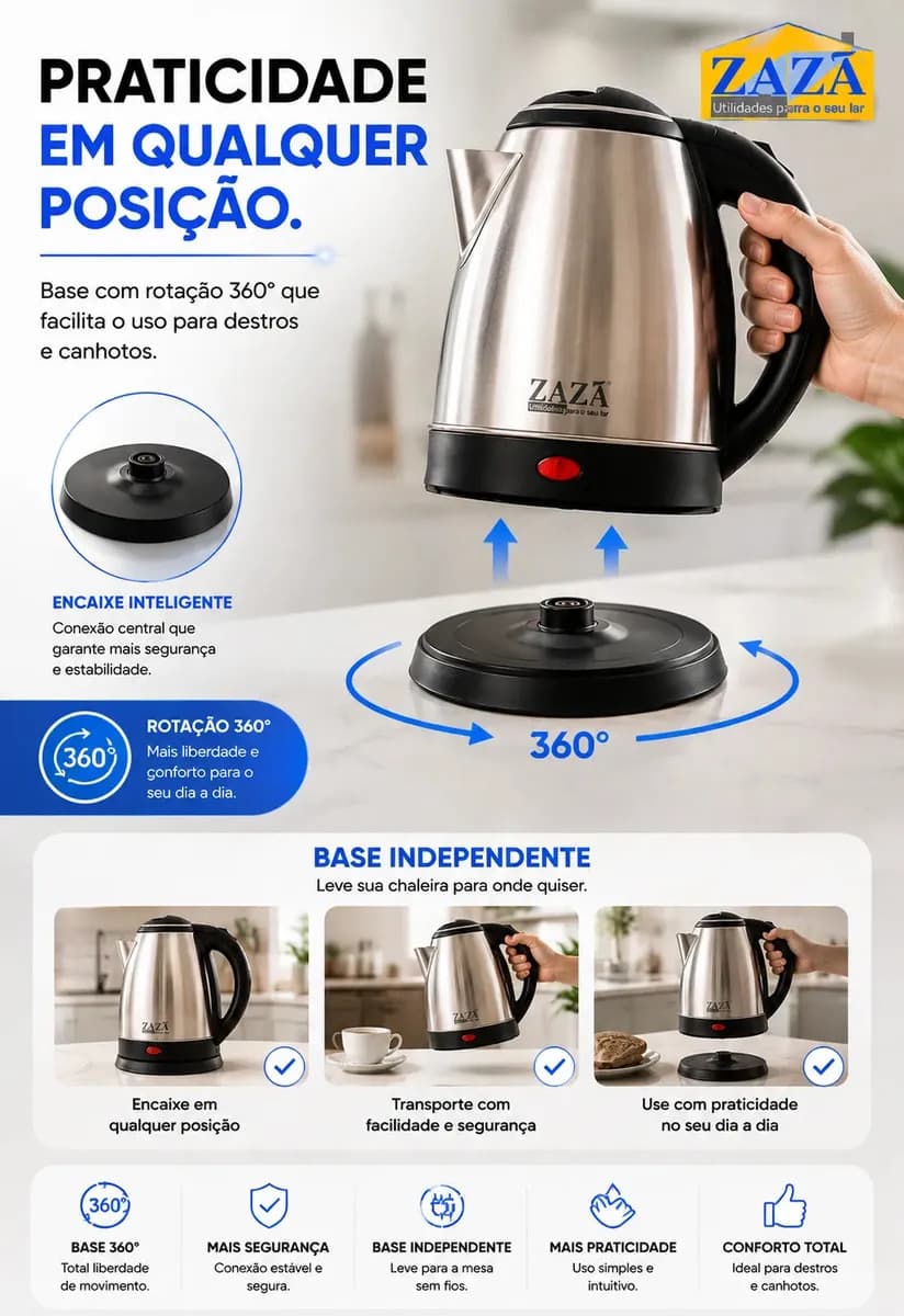 Chaleira Jarra Elétrica 1,8L Litros Em Inox Desligamento Automático Aquecimento Rápido Segura Café Chá Fácil Abertura Tampa Alça Ergométrica — imagem 6