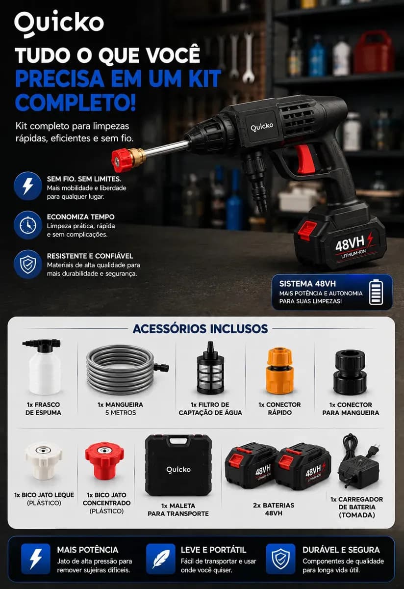 Lavadora De Alta Pressão Vap Portátil Sem Fio Bateria Lava Jato Elétrica Recarregável P/ Lavar Carro Moto Quintal C/ 2 Baterias Quicko Bico Mangueira Dispenser  — imagem 6