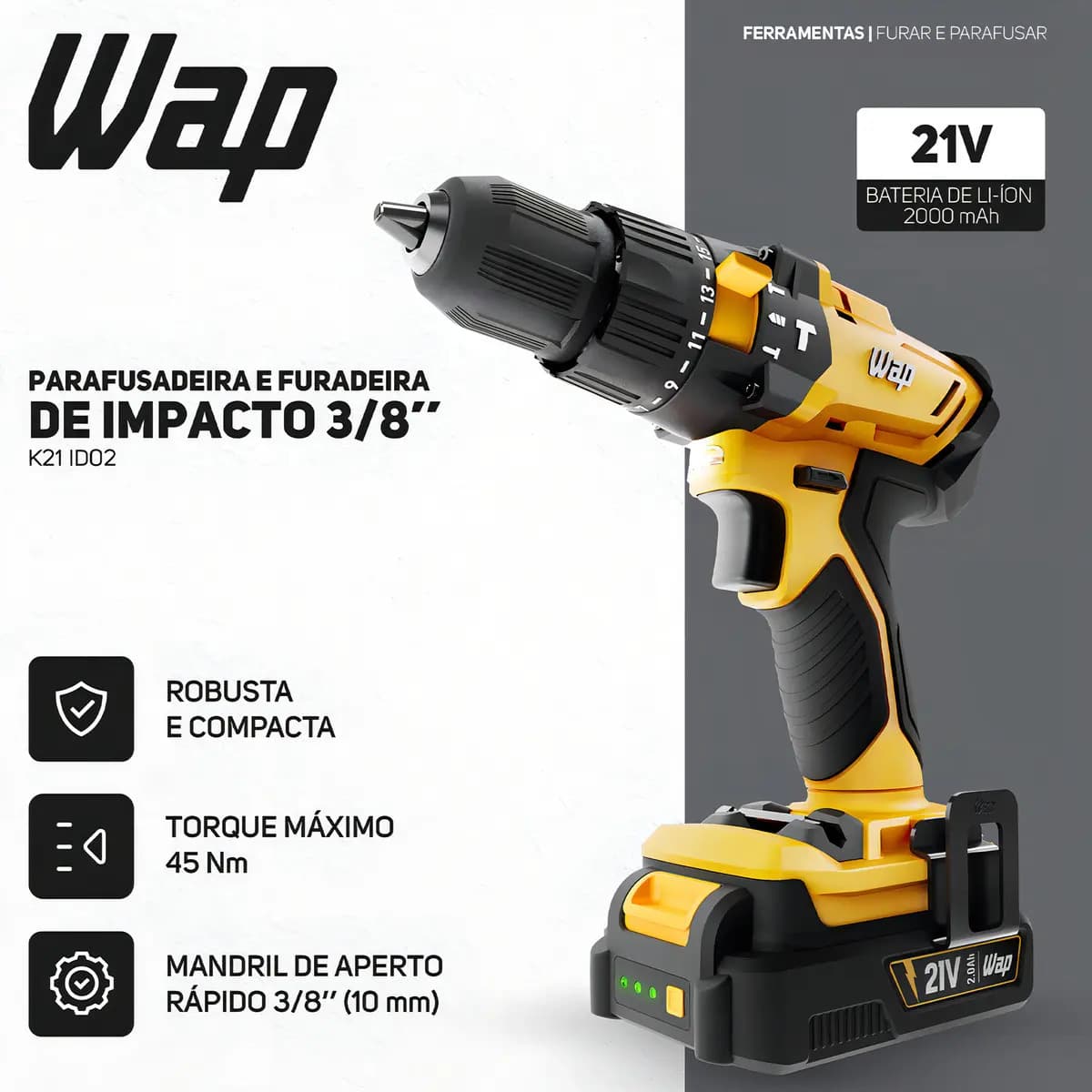 Parafusadeira e Furadeira de Impacto 3/8" WAP K21 ID02 2000 mAh — imagem 2