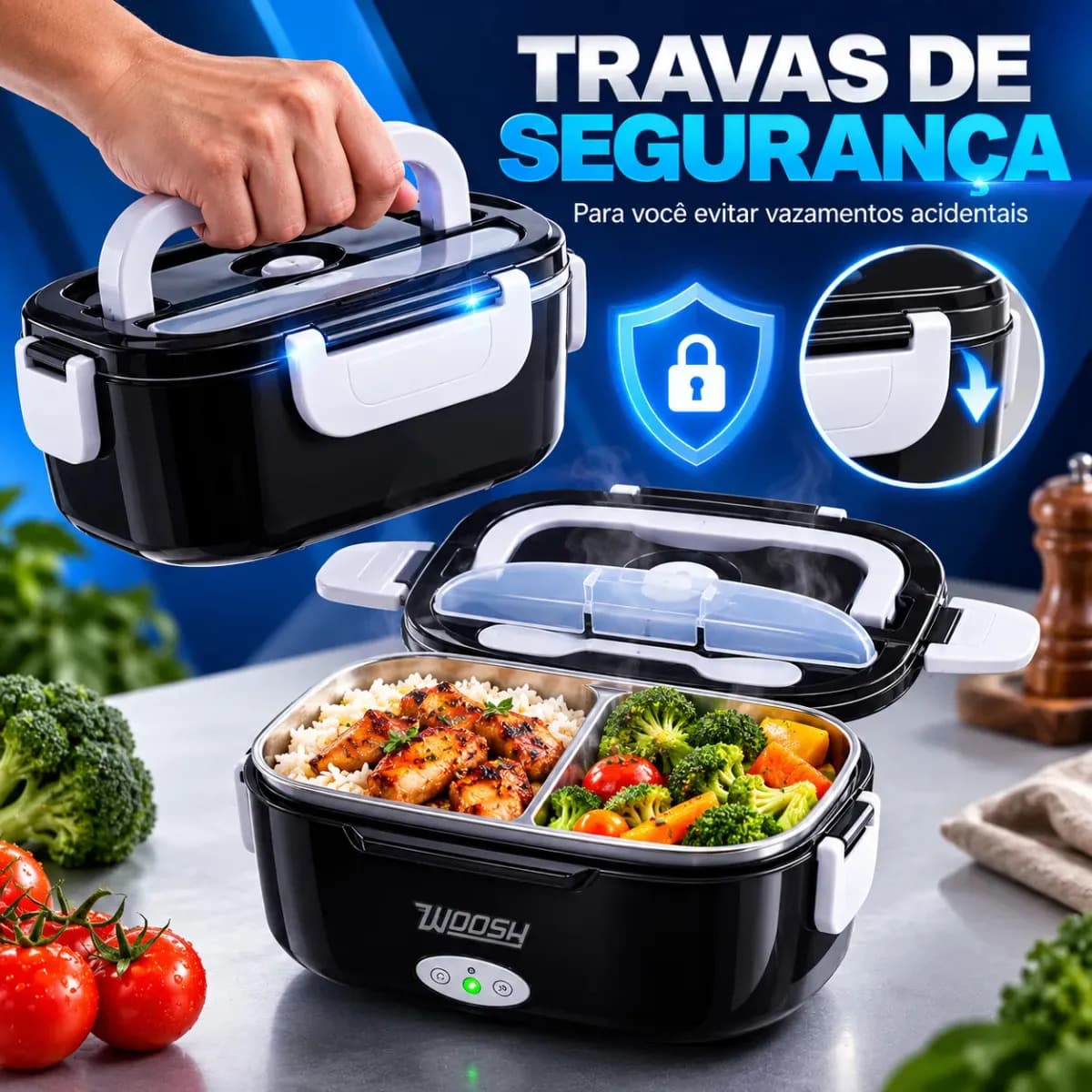 Marmita Elétrica Preta Bivolt Portátil Doméstica 110/220v Veicular 12/24v Lancheira 1.5l Com Divisórias Esquenta Rápido Refeições Práticas Trabalho Casa Carro C — imagem 5